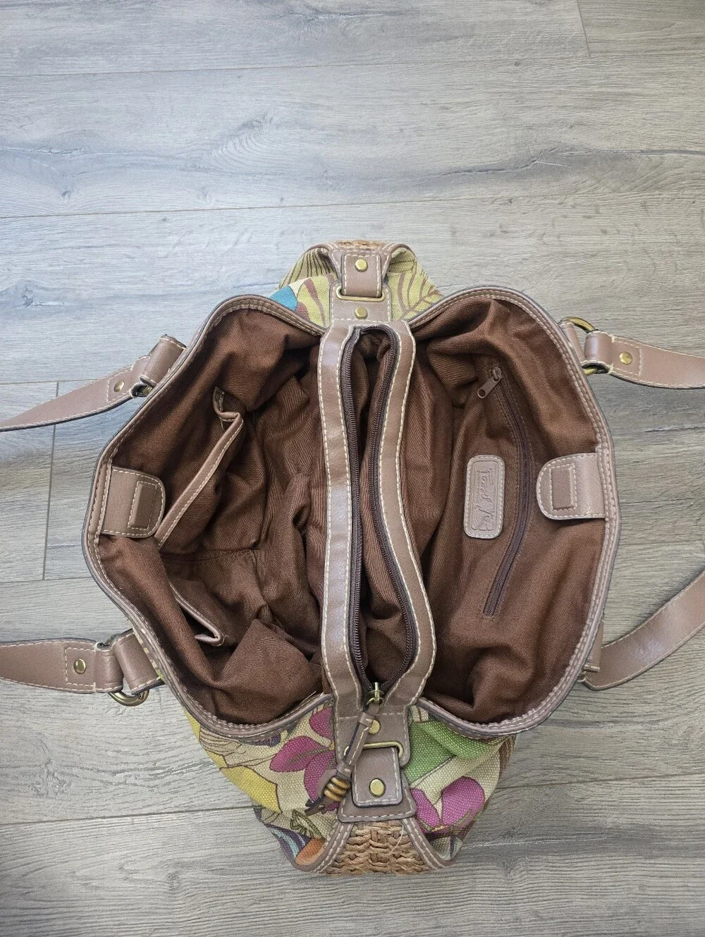 Fossil Key-Per Floral Canvas Hobo Shoulder Bag Brown Leather Trim